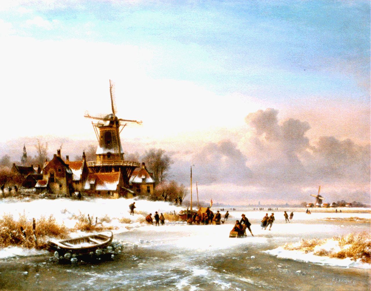 Kleijn L.J.  | Lodewijk Johannes Kleijn, A winter landscape with skaters by a 'koek en zopie', oil on canvas 70.3 x 90.2 cm, signed l.r.