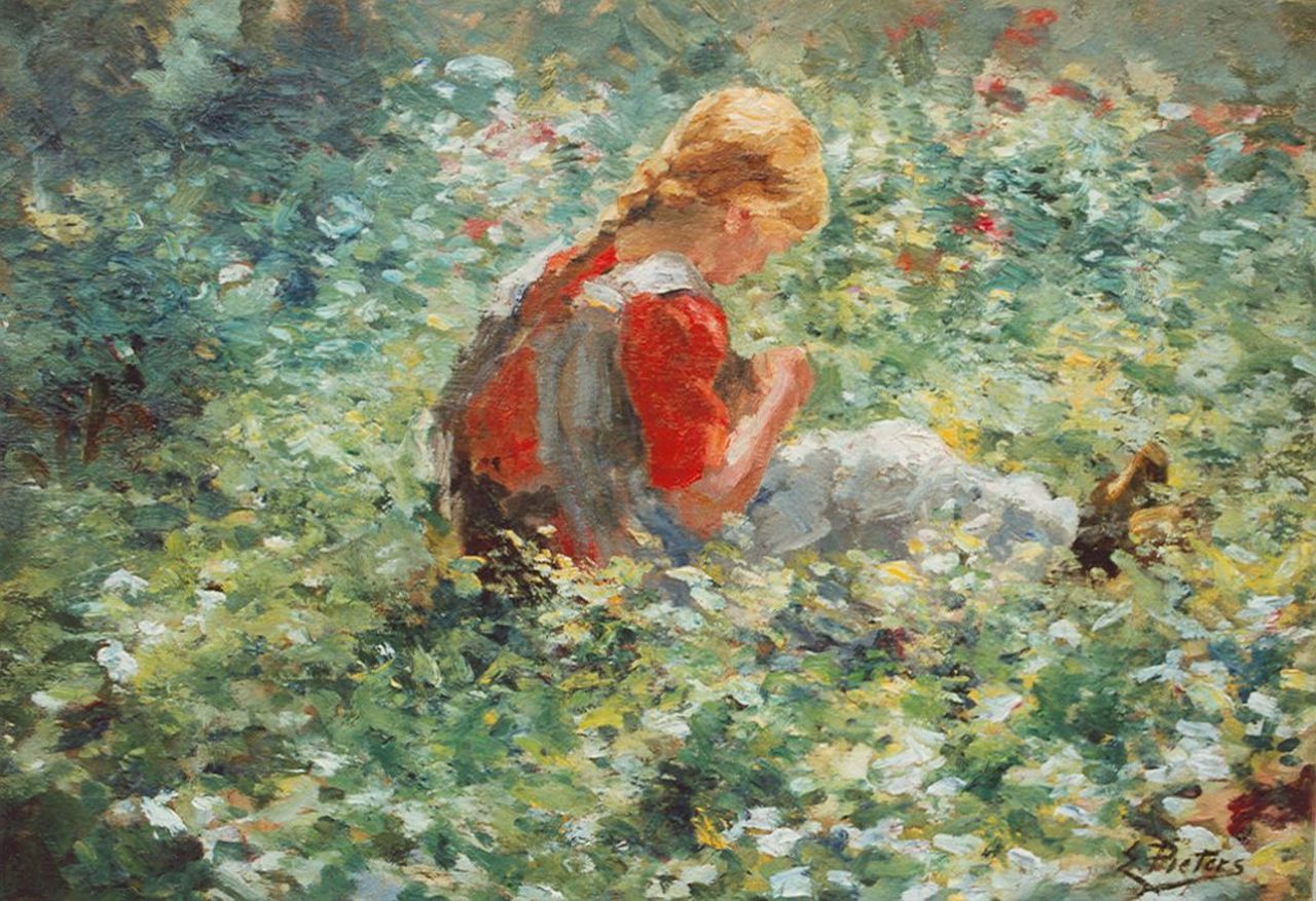 Pieters E.  | Evert Pieters, Young girl, oil on canvas 49.5 x 77.7 cm, signed l.r.