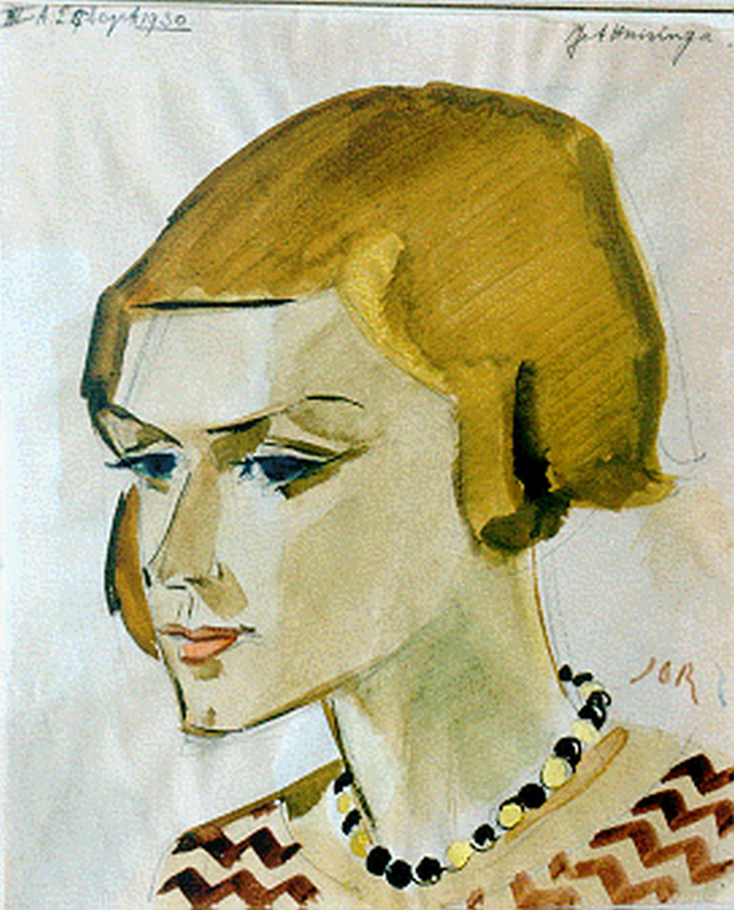 Jordens J.G.  | 'Jan' Gerrit Jordens, A portrait of Jet Huisinga, chalk and watercolour on paper 28.9 x 23.8 cm, signed l.r. with monogram and executed 25 Sept 1930