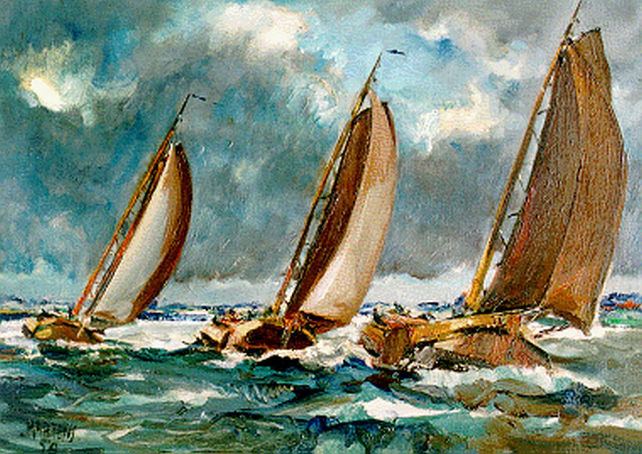Martens G.G.  | Gijsbert 'George' Martens, 'Skûtsjesilen' , Pikmeer, oil on canvas 50.1 x 70.0 cm, signed l.l. and dated '54