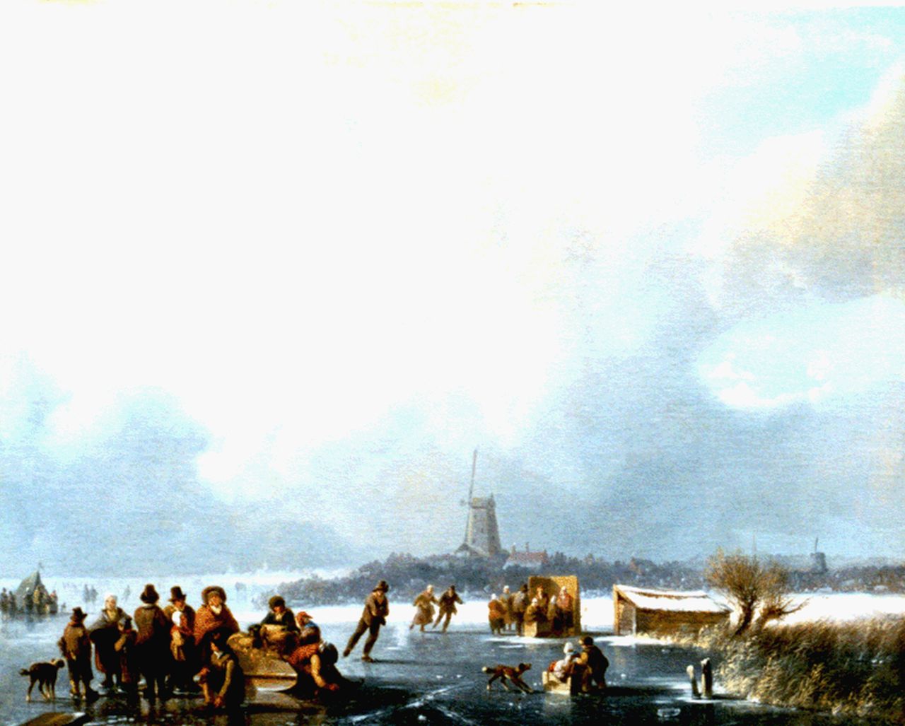 Stok J. van der | Jacobus van der Stok, Skaters and a 'koek en zopie' on a frozen waterway, oil on canvas 48.0 x 60.0 cm