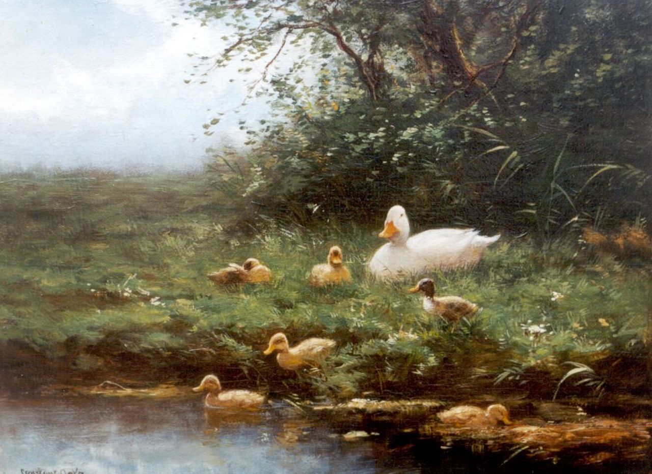 Artz C.D.L.  | 'Constant' David Ludovic Artz, Duck with ducklings on the riverbank, oil on panel 24.2 x 32.5 cm, signed l.l.