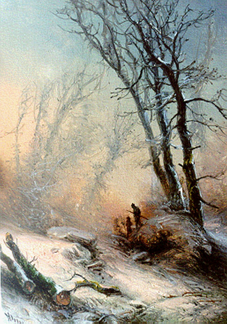 Kluyver P.L.F.  | 'Pieter' Lodewijk Francisco Kluyver, Hunters in a snow-covered landscape, oil on panel 15.4 x 11.3 cm, signed l.l.