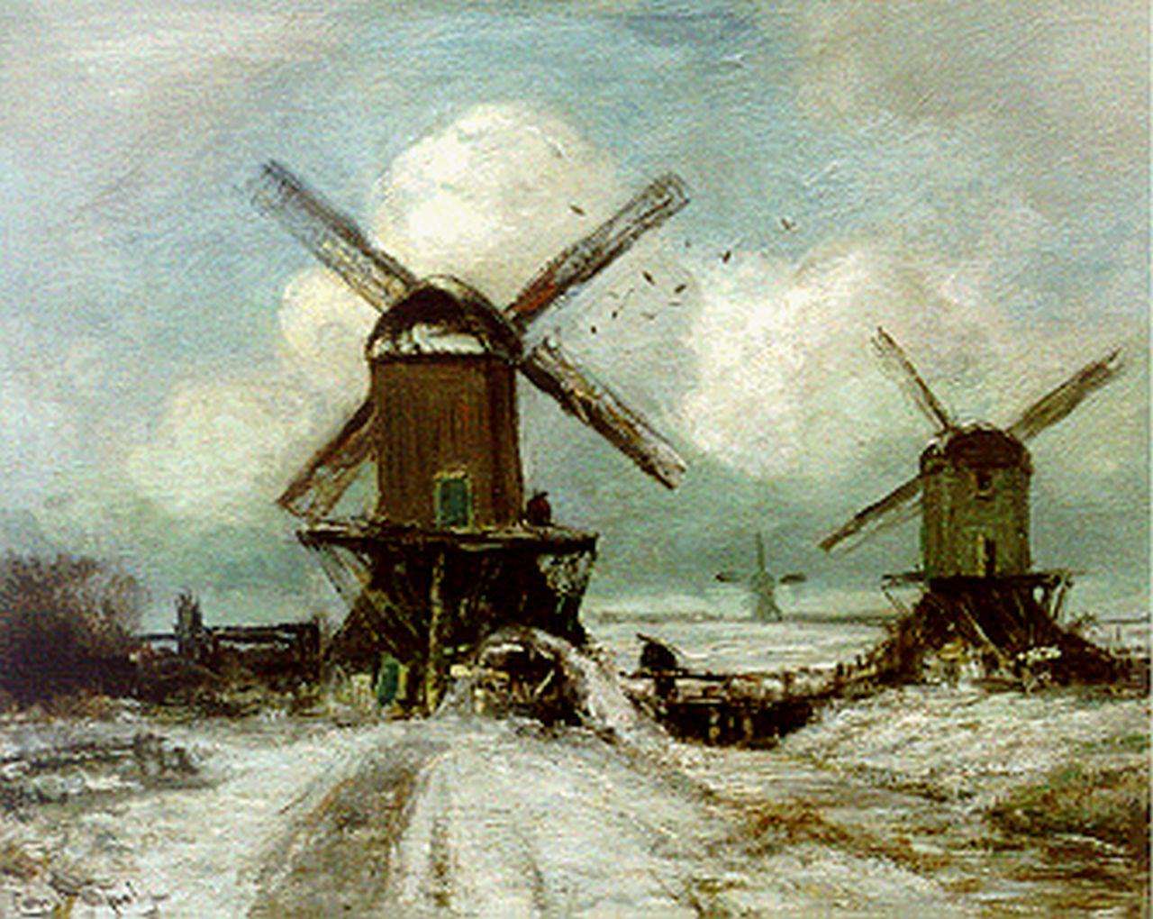 Apol L.F.H.  | Lodewijk Franciscus Hendrik 'Louis' Apol, Windmills in a snow-covered landscape, oil on canvas 40.2 x 50.7 cm, signed l.l.