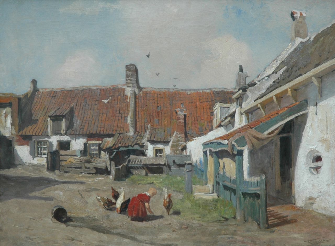 Jansen H.W.  | Hendrik Willebrord Jansen, Feeding the chicken, Katwijk-binnen, oil on canvas 62.2 x 83.1 cm, signed l.r. + verso