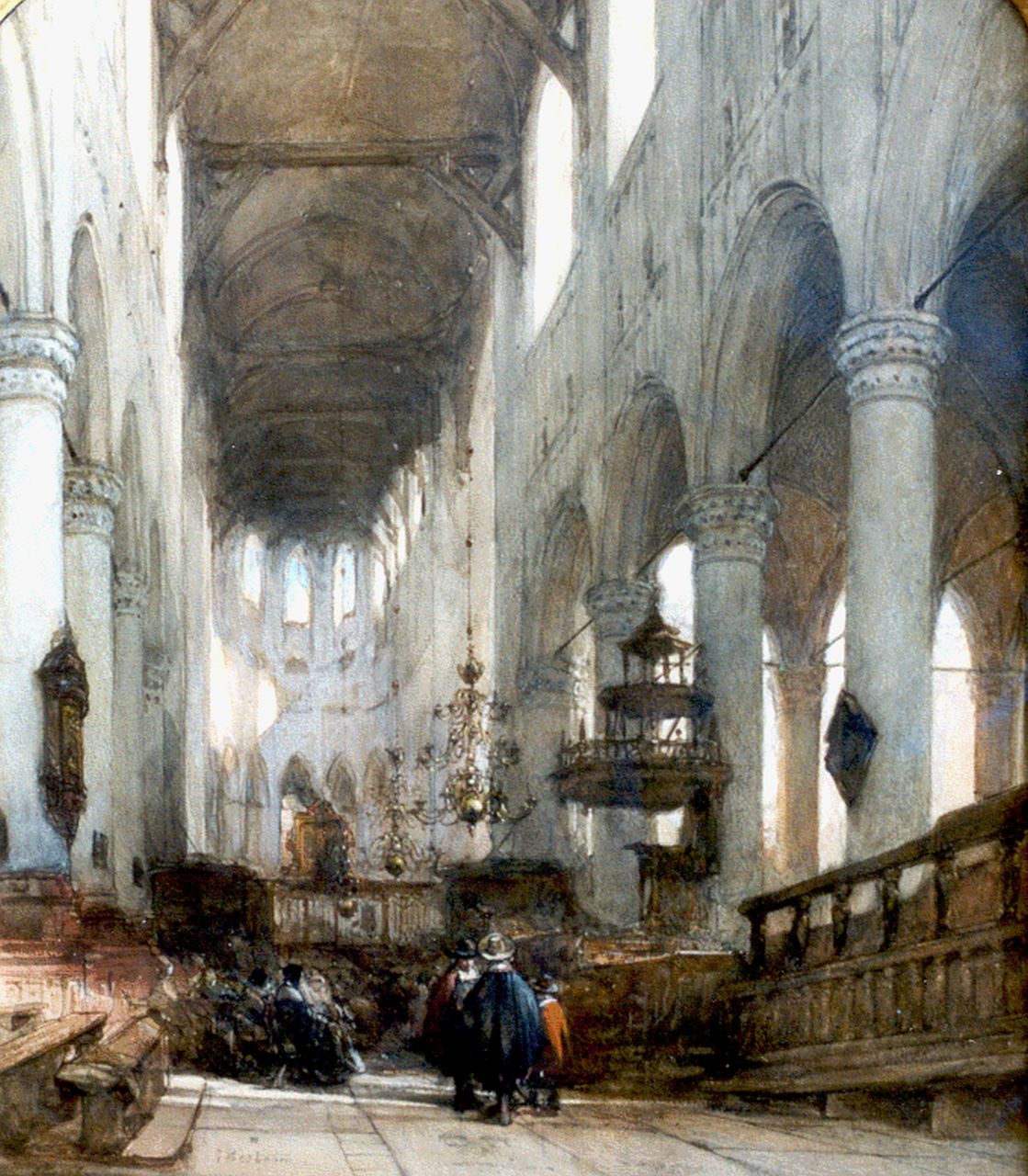 Bosboom J.  | Johannes Bosboom, Interior of the Pieterskerk, Leiden, watercolour on paper 56.6 x 46.0 cm, signed l.l. twice