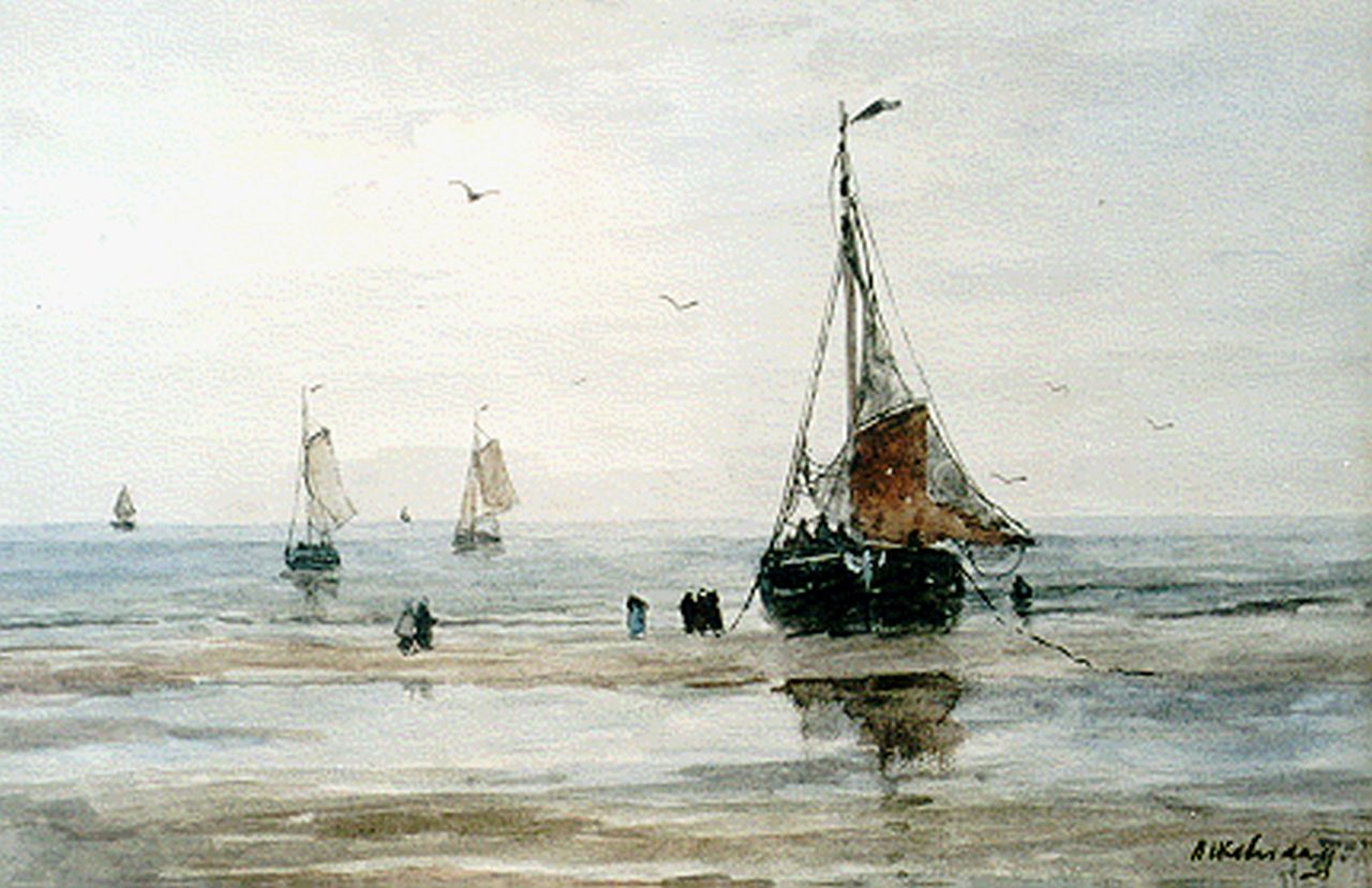Mesdag H.W.  | Hendrik Willem Mesdag, 'Bomschuiten' on the beach, watercolour on paper 26.7 x 36.8 cm, signed l.r.