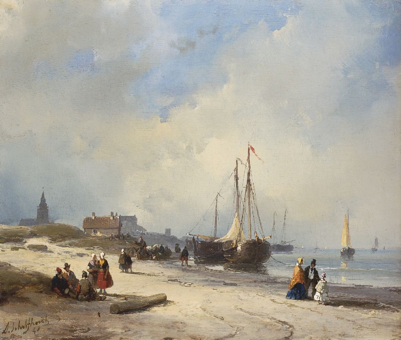 Schelfhout A.  | Andreas Schelfhout, Vissersvolk en elegante wandelaars bij Scheveningen, oil on panel 19.0 x 22.4 cm, gesigneerd linksonder and gedateerd '48