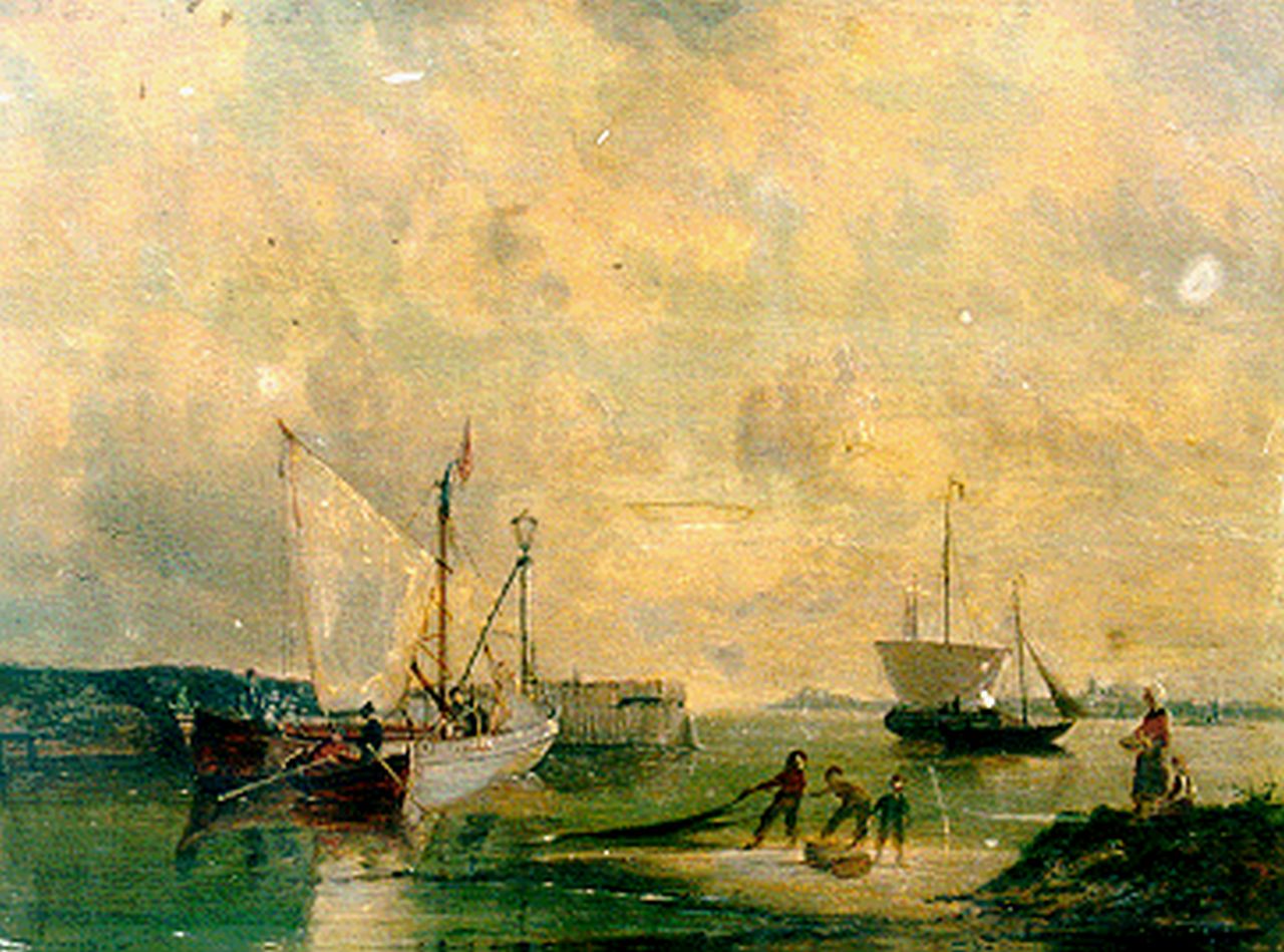 Dommershuijzen P.C.  | Pieter Cornelis Dommershuijzen, Ships near a harbour entrance, oil on panel 30.3 x 40.9 cm, gesigneerd linksonder