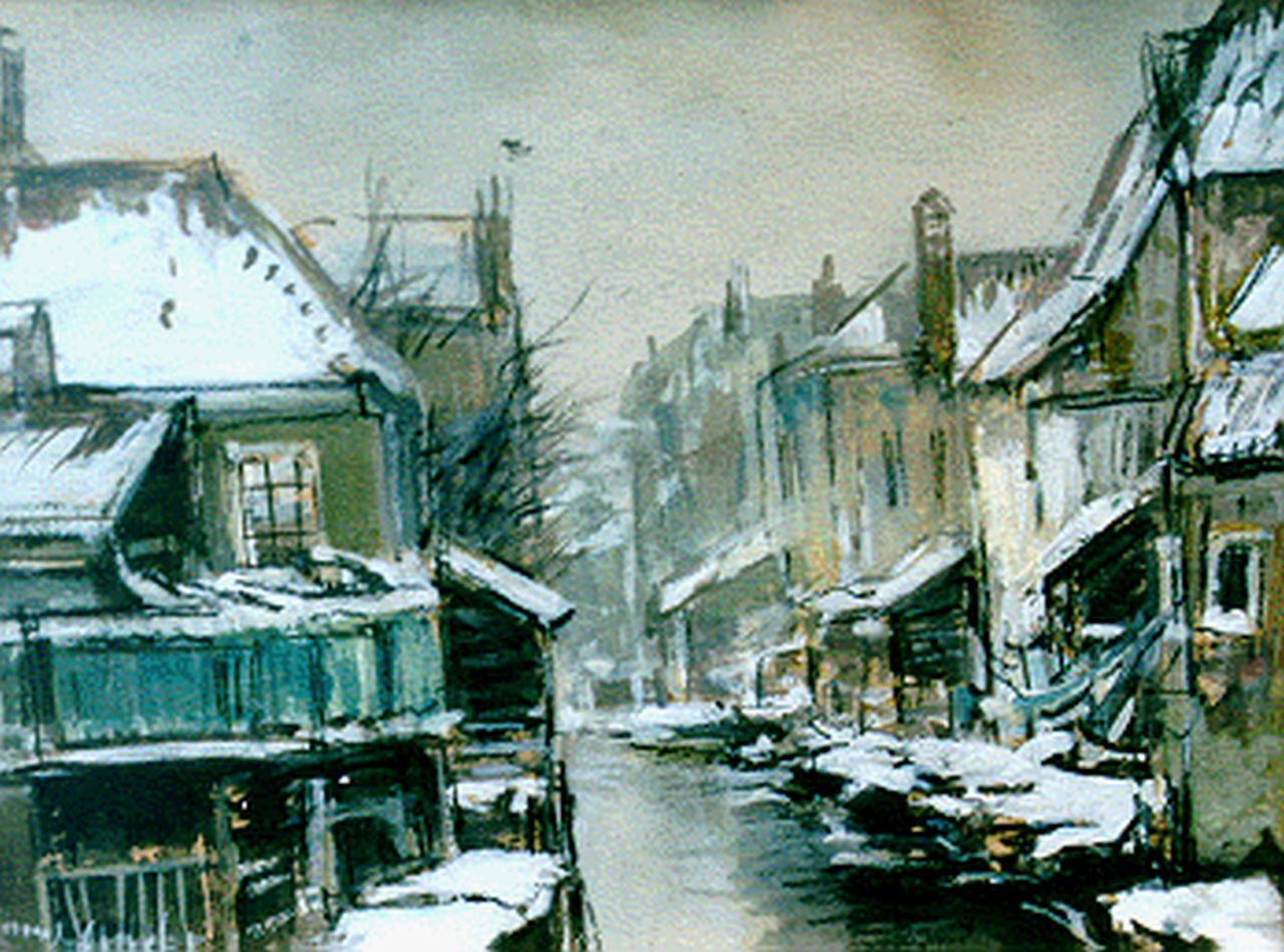 Apol L.F.H.  | Lodewijk Franciscus Hendrik 'Louis' Apol, A snow-covered town, watercolour and gouache on paper laid down on board 12.3 x 16.1 cm, signed l.l.