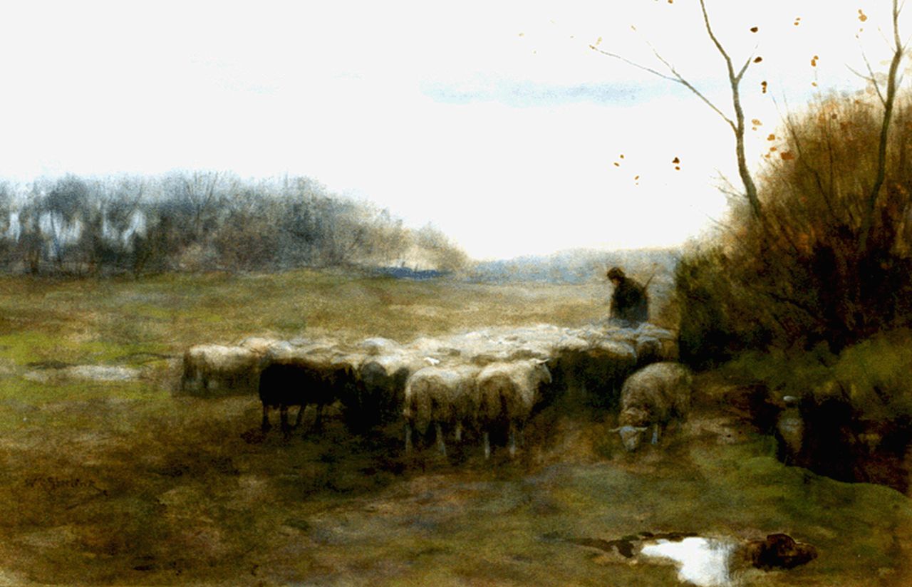 Steelink jr. W.  | Willem Steelink jr., A shepherd and flock, watercolour on paper 28.7 x 44.3 cm, signed l.l. and on the reverse