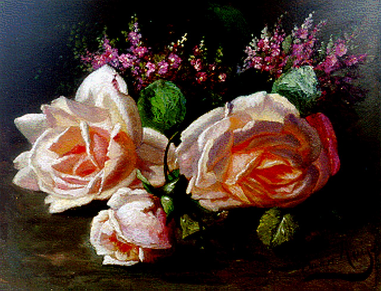 Ruijs D.R.  | Daniël Rudolph Ruijs, A still life with pink roses, oil on panel 18.5 x 24.1 cm, signed l.r.
