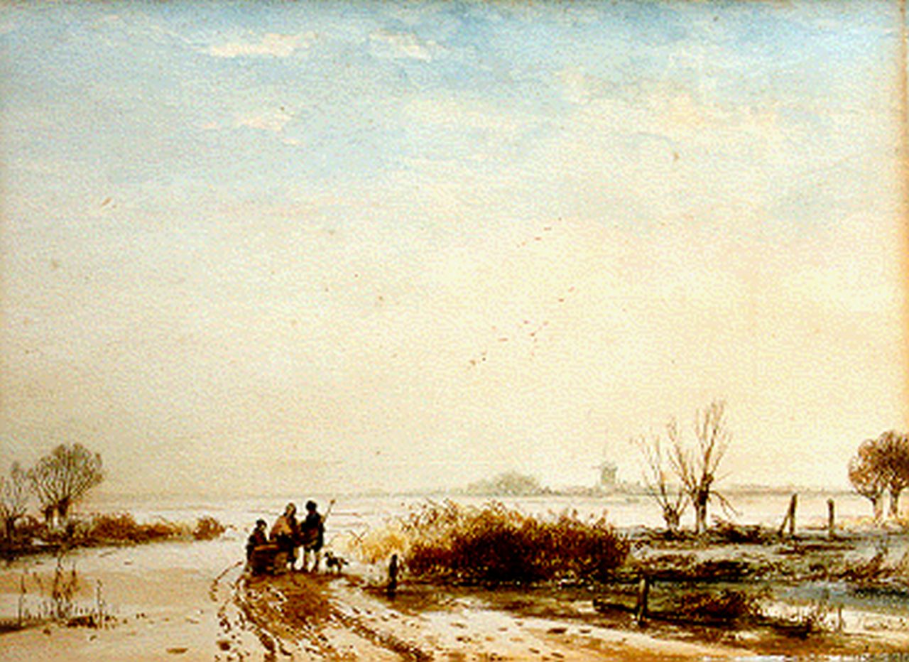 Schelfhout A.  | Andreas Schelfhout, A winter landscape with figures by a sledge, pen and watercolour on paper 25.4 x 33.8 cm, signed l.r.