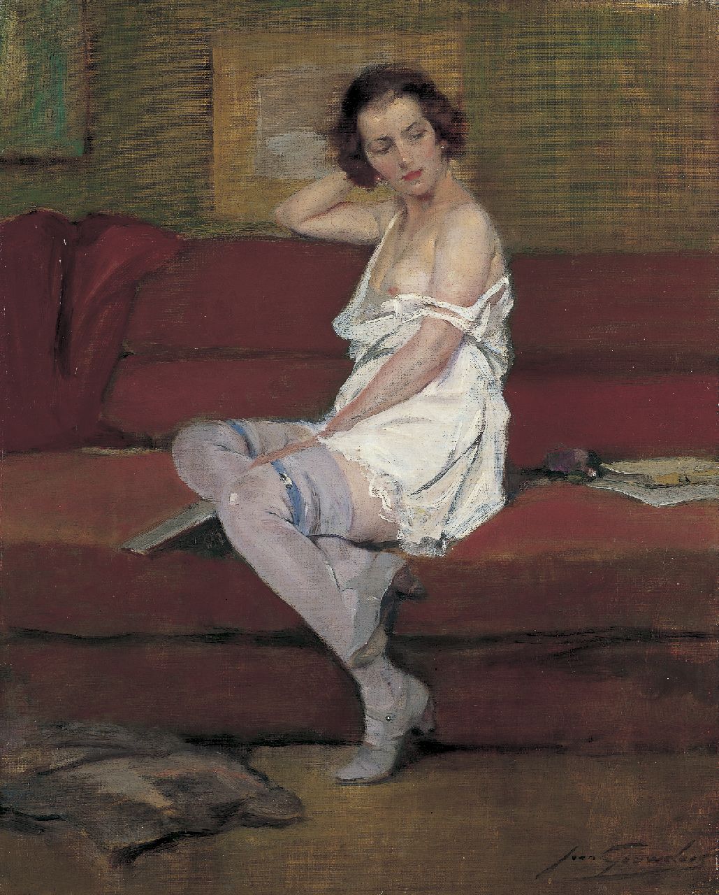 Gouweloos J.L.H.  | 'Jean' Léon Henri Gouweloos, A Lady on a Couch, oil on canvas 50.0 x 40.1 cm, signed l.r.