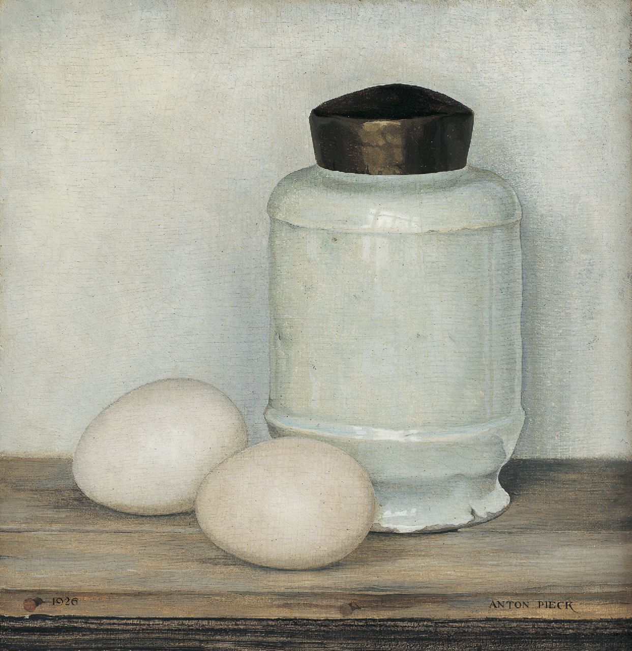 Pieck A.F.  | 'Anton' Franciscus Pieck, A white pot and two eggs, oil on panel 20.5 x 20.0 cm, signed l.r. and dated 1926