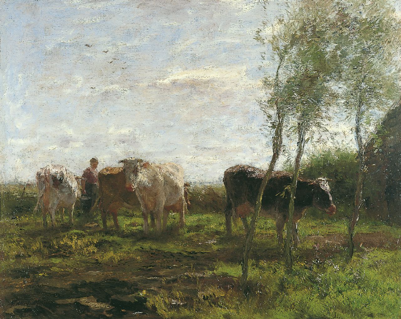 Maris W.  | Willem Maris, Milking time, oil on canvas 63.0 x 78.3 cm, signed l.l.