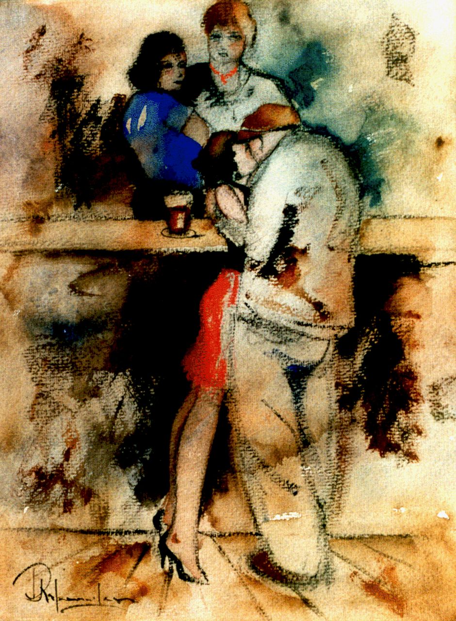 Rijlaarsdam J.  | Jan Rijlaarsdam, A fond embrace at the bar, black chalk and watercolour on paper 35.0 x 27.0 cm, signed l.l.