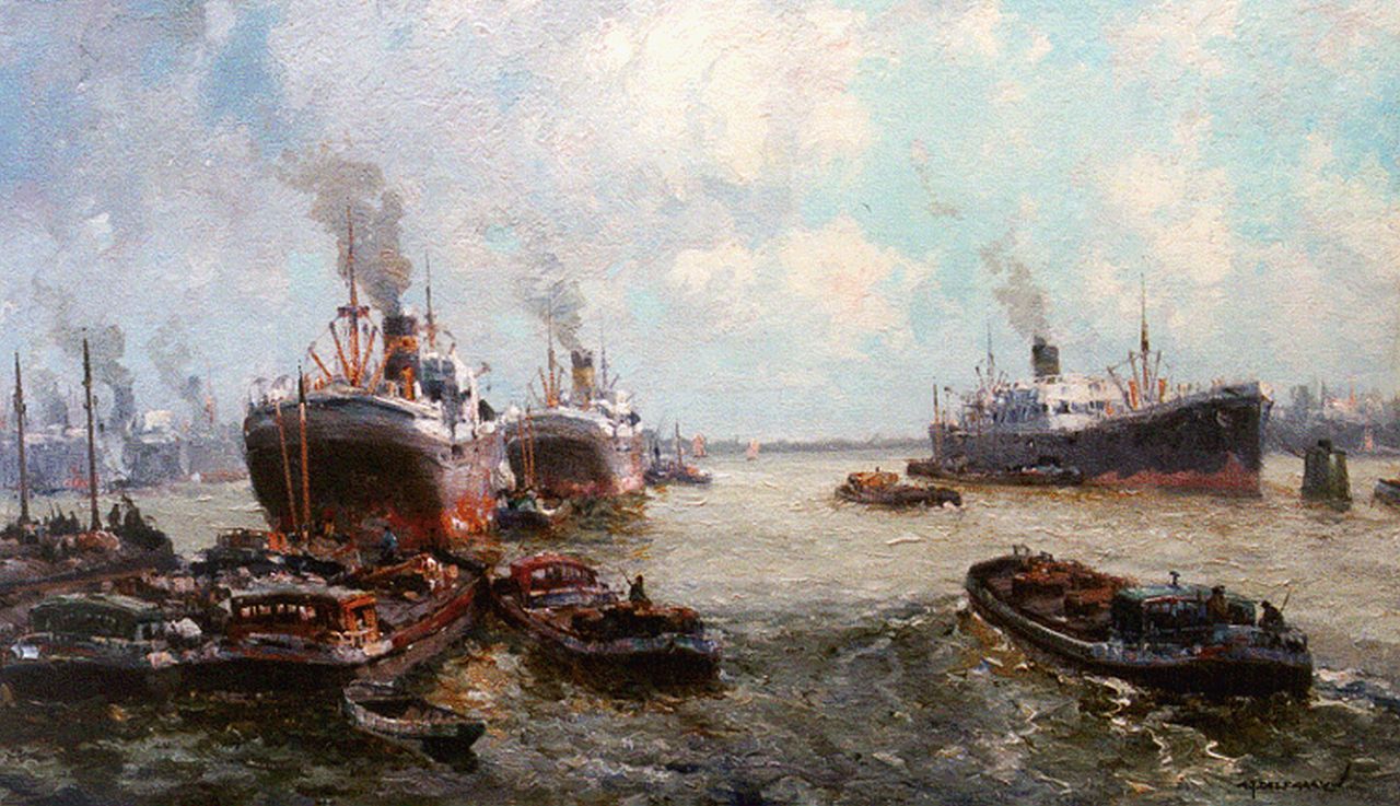 Delfgaauw G.J.  | Gerardus Johannes 'Gerard' Delfgaauw, The harbour of Rotterdam, oil on canvas 60.4 x 100.1 cm, signed l.r.