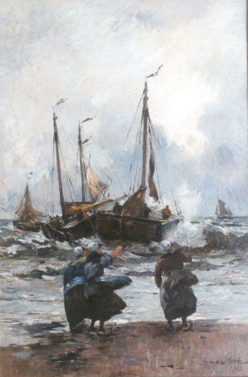 Grobe P.G.  | Philipp 'German' Grobe, The departure of the fleet, oil on canvas 90.3 x 60.5 cm, signed l.r. and dated 1903