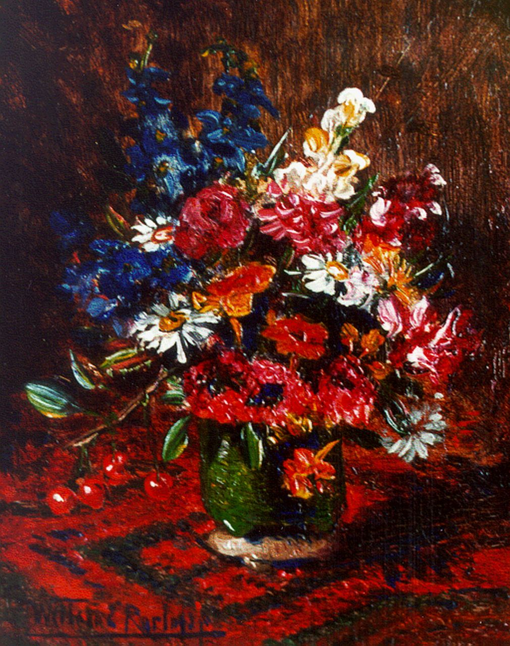 Roelofs jr. W.E.  | Willem Elisa Roelofs jr., A flower still life, oil on panel 10.0 x 8.0 cm, signed l.l. and painted circa 1923