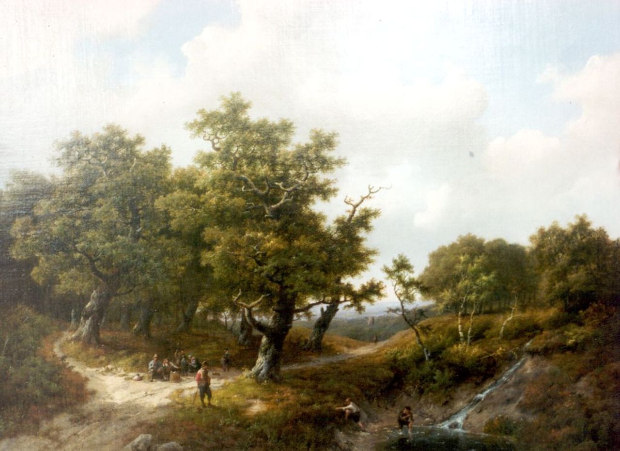 Koekkoek I M.A.  | Marinus Adrianus Koekkoek I, Figures in a wooded landscape, oil on canvas laid down on panel 46.5 x 62.3 cm, signed l.l. and dated 1861