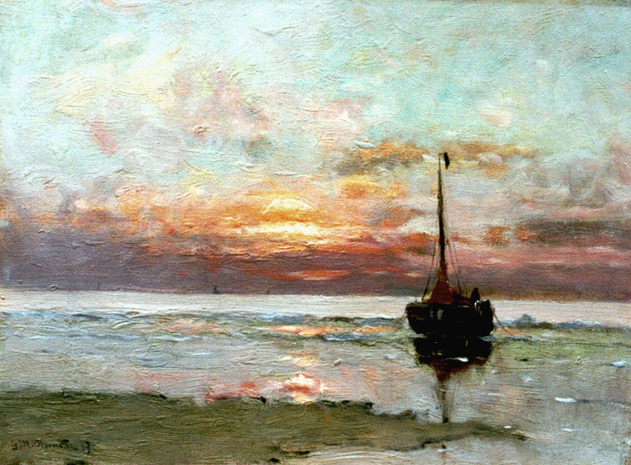 Munthe G.A.L.  | Gerhard Arij Ludwig 'Morgenstjerne' Munthe, Moored 'bomschuit' by sunset, oil on canvas 30.6 x 41.0 cm, signed l.l. and dated '19