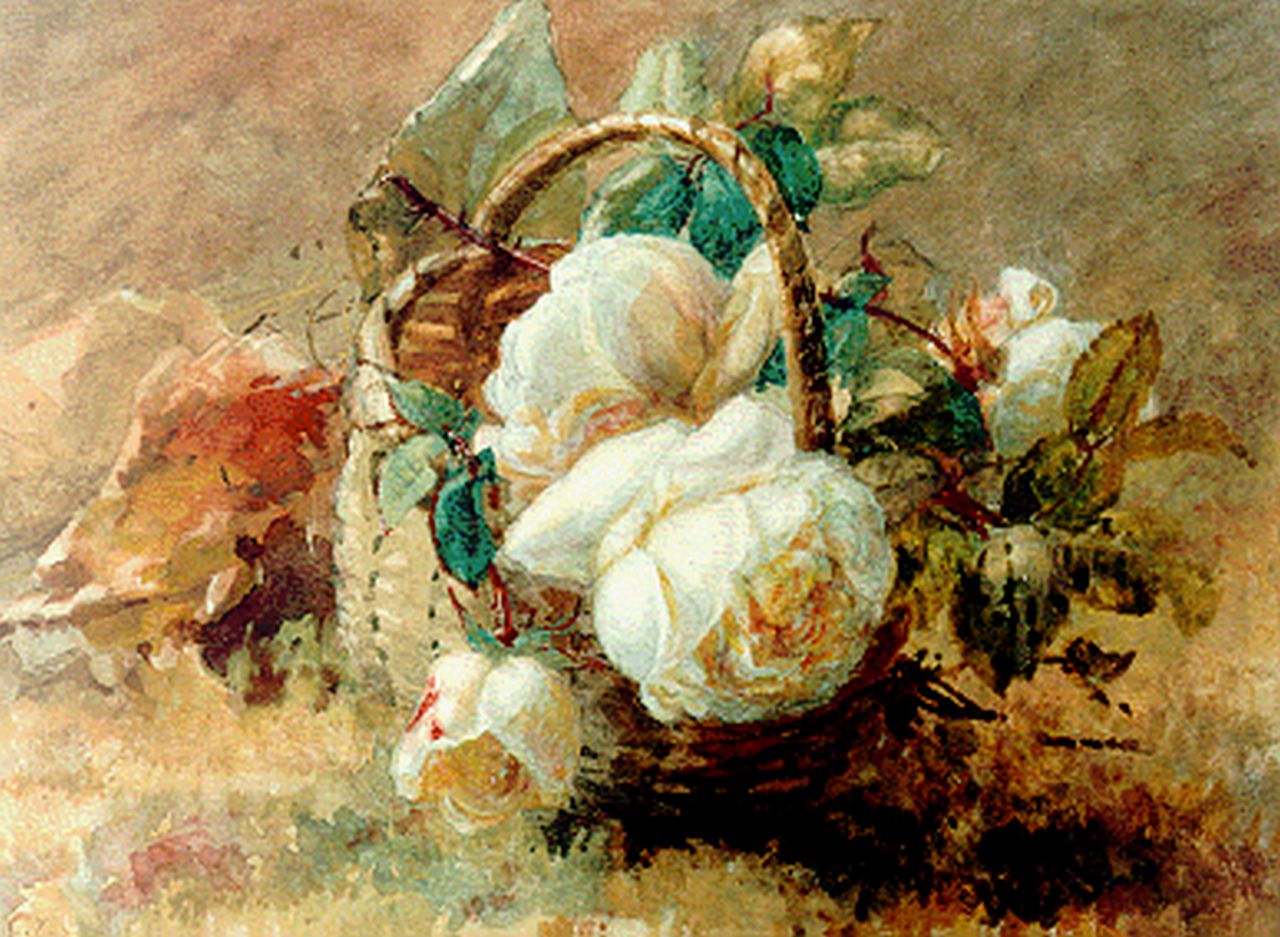 Sande Bakhuyzen G.J. van de | 'Gerardine' Jacoba van de Sande Bakhuyzen, Roses in a basket, watercolour on paper 27.0 x 34.5 cm, signed l.l.