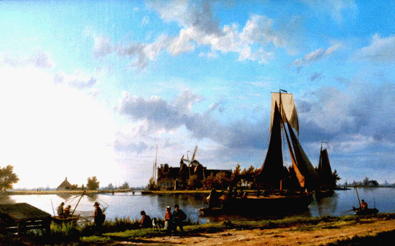 Koekkoek H.  | Hermanus Koekkoek, Rivierlandschap met zeilschepen en vissers, oil on canvas 36.2 x 57.0 cm, gesigneerd rechtsonder