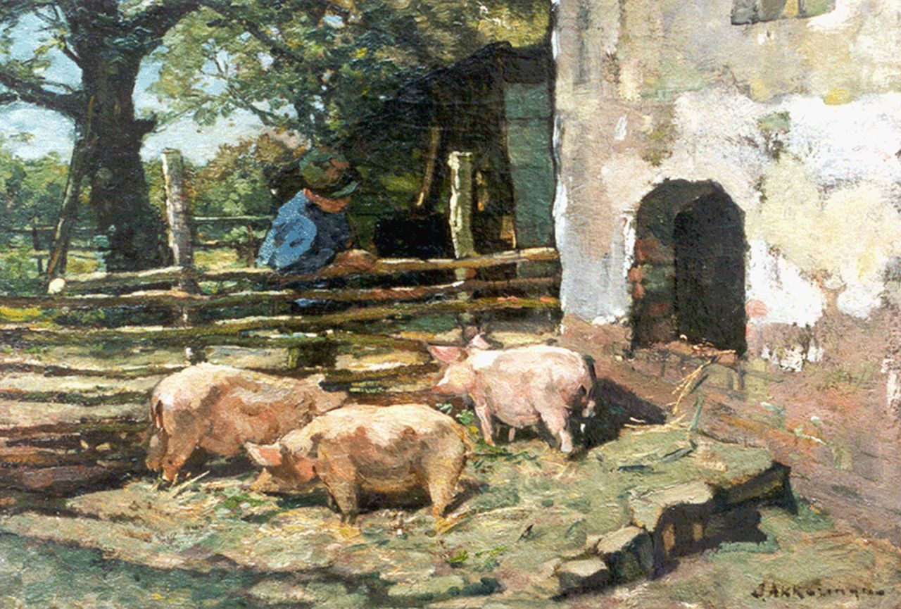 Akkeringa J.E.H.  | 'Johannes Evert' Hendrik Akkeringa, Feeding the pigs, oil on canvas 32.7 x 47.2 cm, signed l.r.