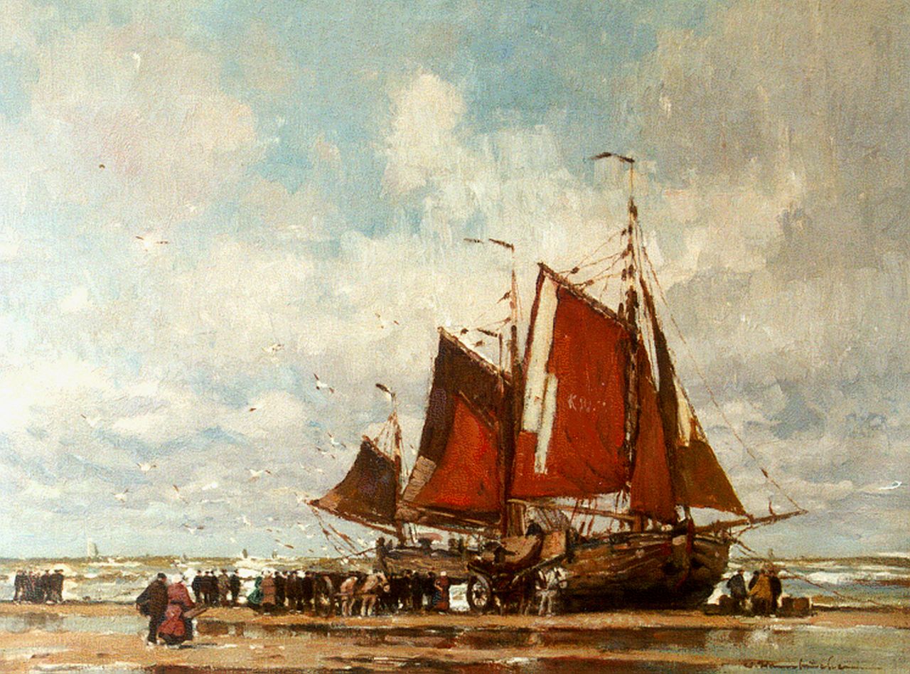 Hambüchen W.  | Wilhelm Hambüchen, 'Bomschuiten' on the beach of Katwijk, oil on canvas 60.0 x 80.2 cm, signed l.r.