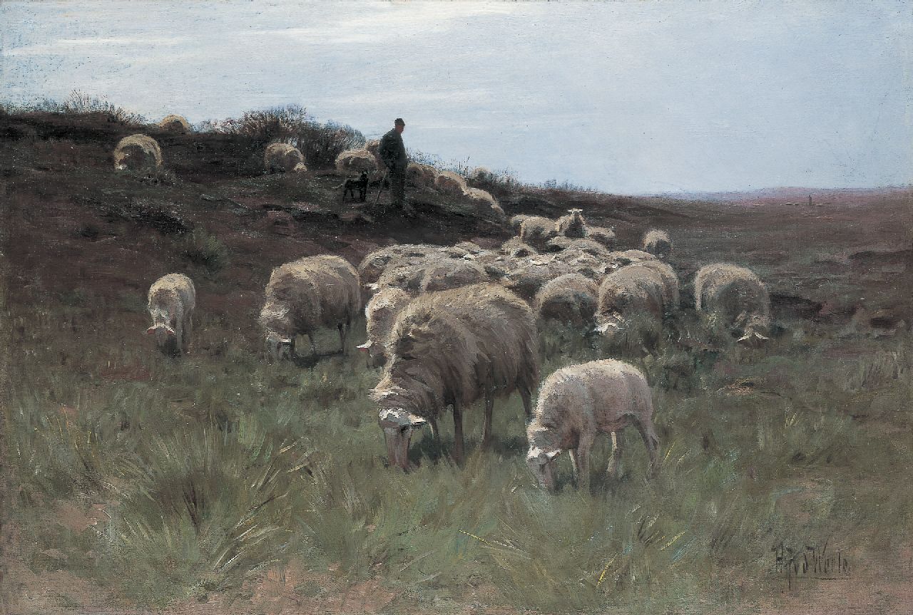 Weele H.J. van der | 'Herman' Johannes van der Weele, A shepherd and flock, oil on canvas 58.7 x 86.9 cm, signed l.r.