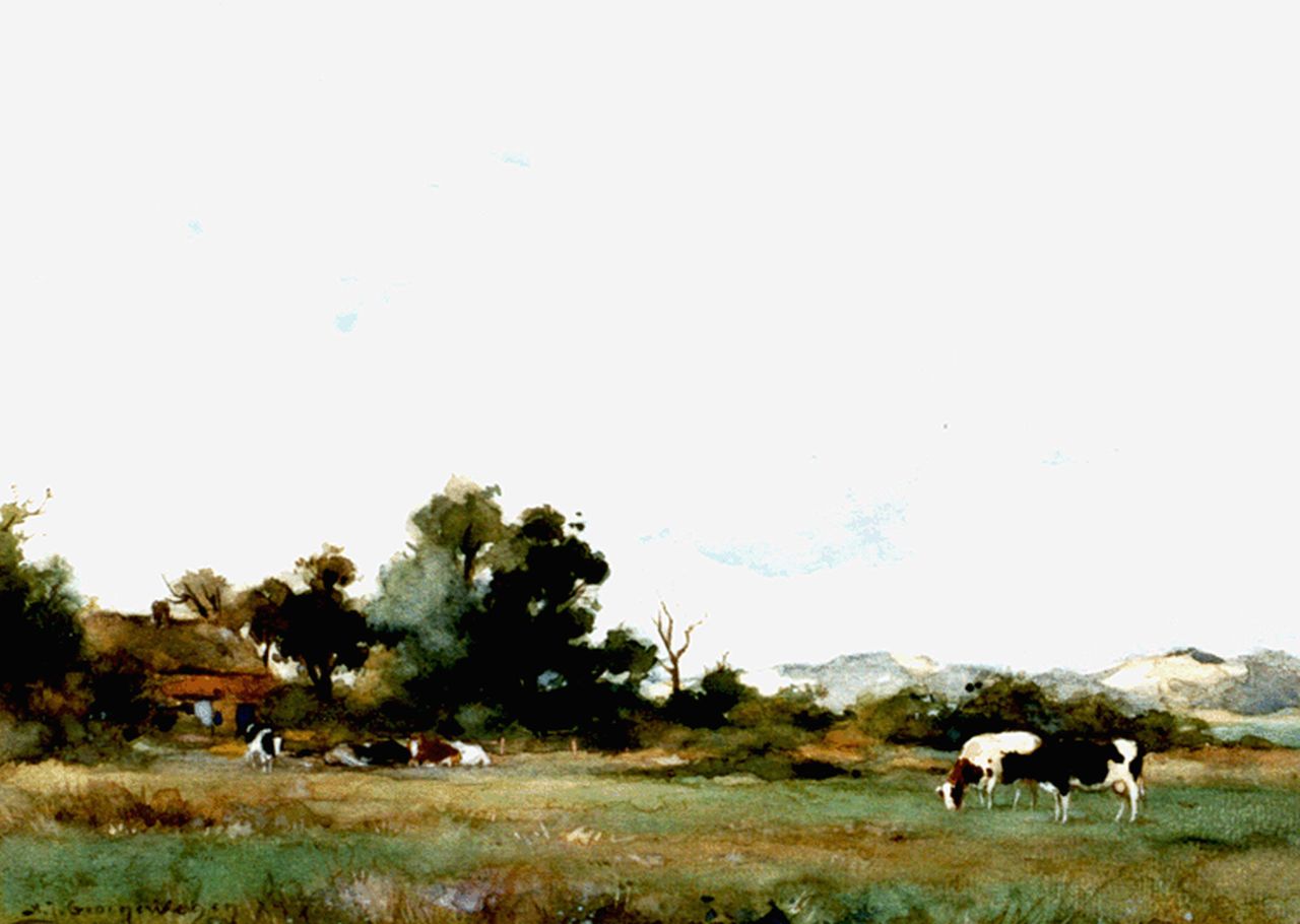 Groenewegen A.J.  | Adrianus Johannes Groenewegen, Cattle grazing, the dunes in the distance, watercolour and gouache on paper 23.0 x 31.2 cm, signed l.l.