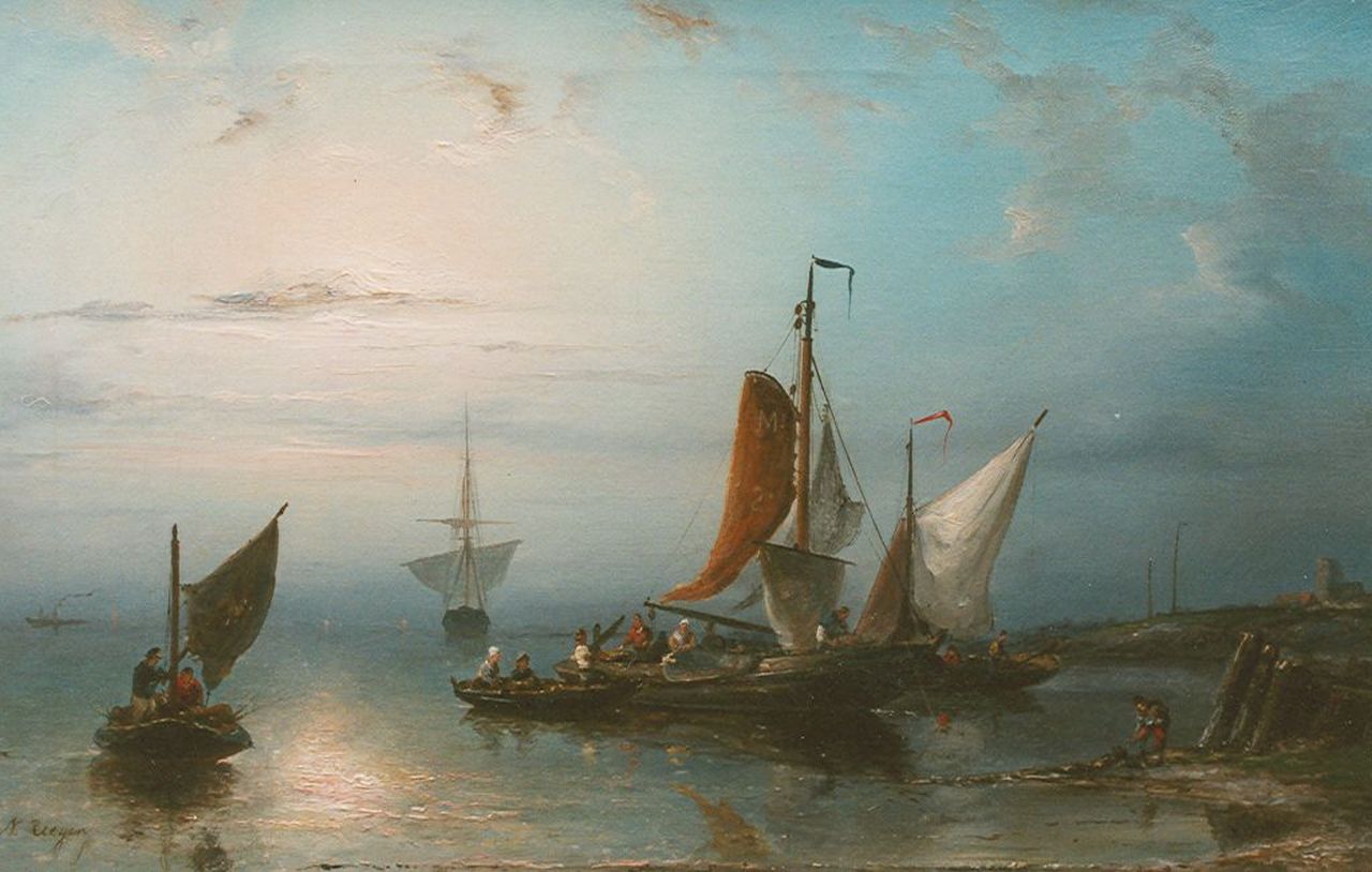 Riegen N.  | Nicolaas Riegen, Shipping in an estuary, oil on canvas 31.5 x 48.0 cm, signed l.l.
