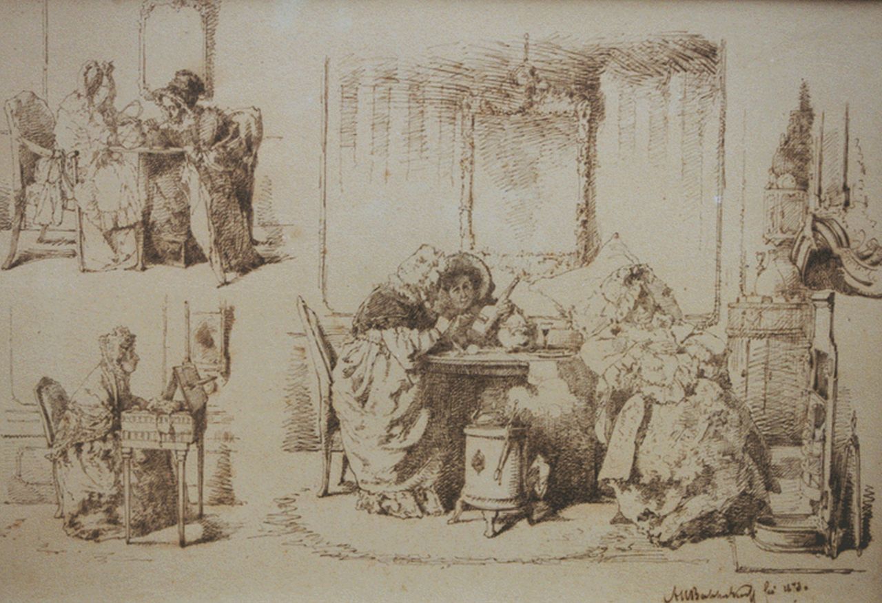 Bakker Korff A.H.  | Alexander Hugo Bakker Korff, Three interior drawings, pen and ink on paper 29.1 x 41.2 cm, signed l.r. and dated 1873