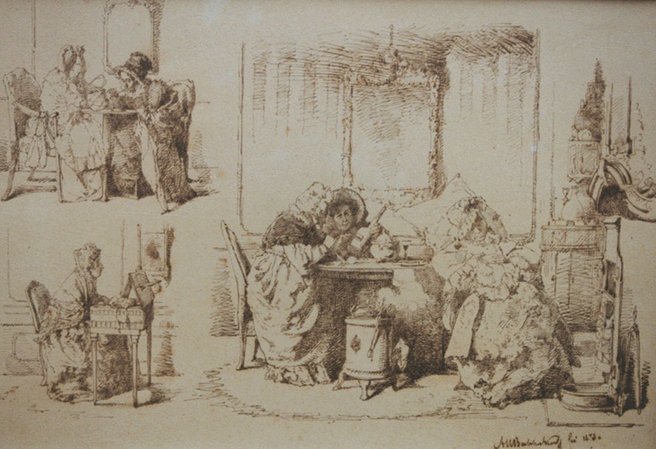 Bakker Korff A.H.  | Alexander Hugo Bakker Korff, Three interior drawings, pen and ink on paper 29.1 x 41.2 cm, signed l.r. and dated 1873