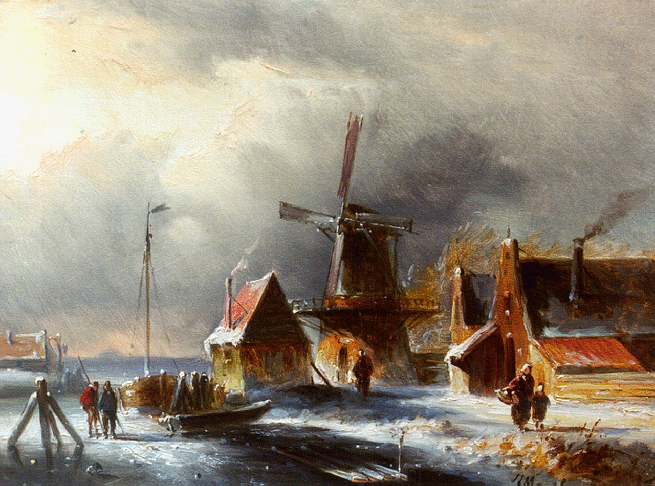 Morel II J.E.  | Jan Evert Morel II, A winter landscape with figures near a windmill, oil on panel 15.9 x 21.5 cm, signed l.r.