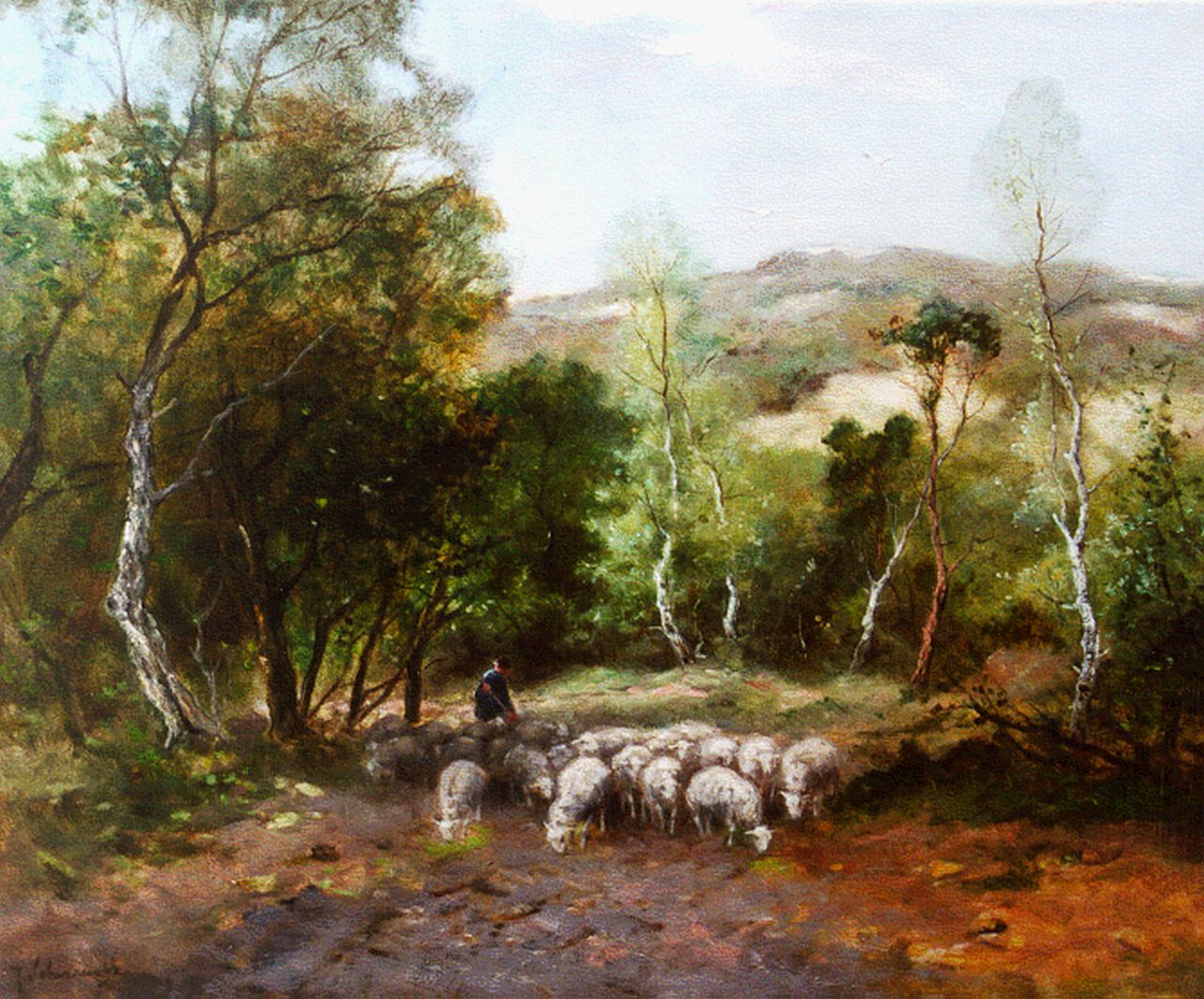 Scherrewitz J.F.C.  | Johan Frederik Cornelis Scherrewitz, A shepherd and flock in the dunes, oil on canvas 40.0 x 50.2 cm, signed l.l.