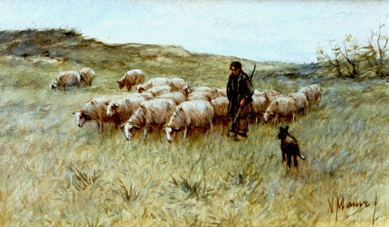 Mauve A.  | Anthonij 'Anton' Mauve, A shepherd with his flock, watercolour on paper 14.6 x 24.4 cm, signed l.r.