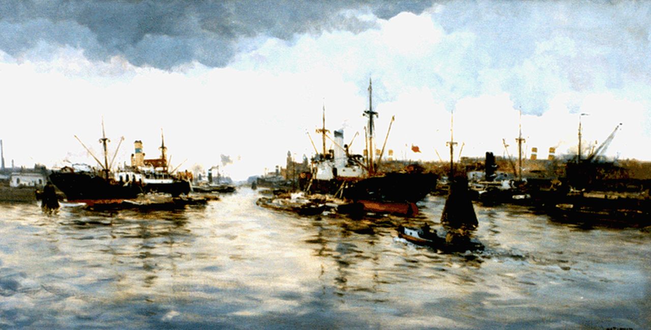 Jansen W.G.F.  | 'Willem' George Frederik Jansen, A view of the harbour of Rotterdam, oil on canvas 80.0 x 155.5 cm, signed l.r.