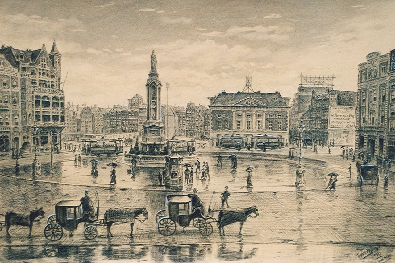 Jongh M.J. de | Martinus Johannes 'Tinus' de Jongh, The Dam square in Amsterdam with the Oude Waag, black chalk and gouache on paper 42.0 x 63.0 cm, signed l.r. and dated 1912