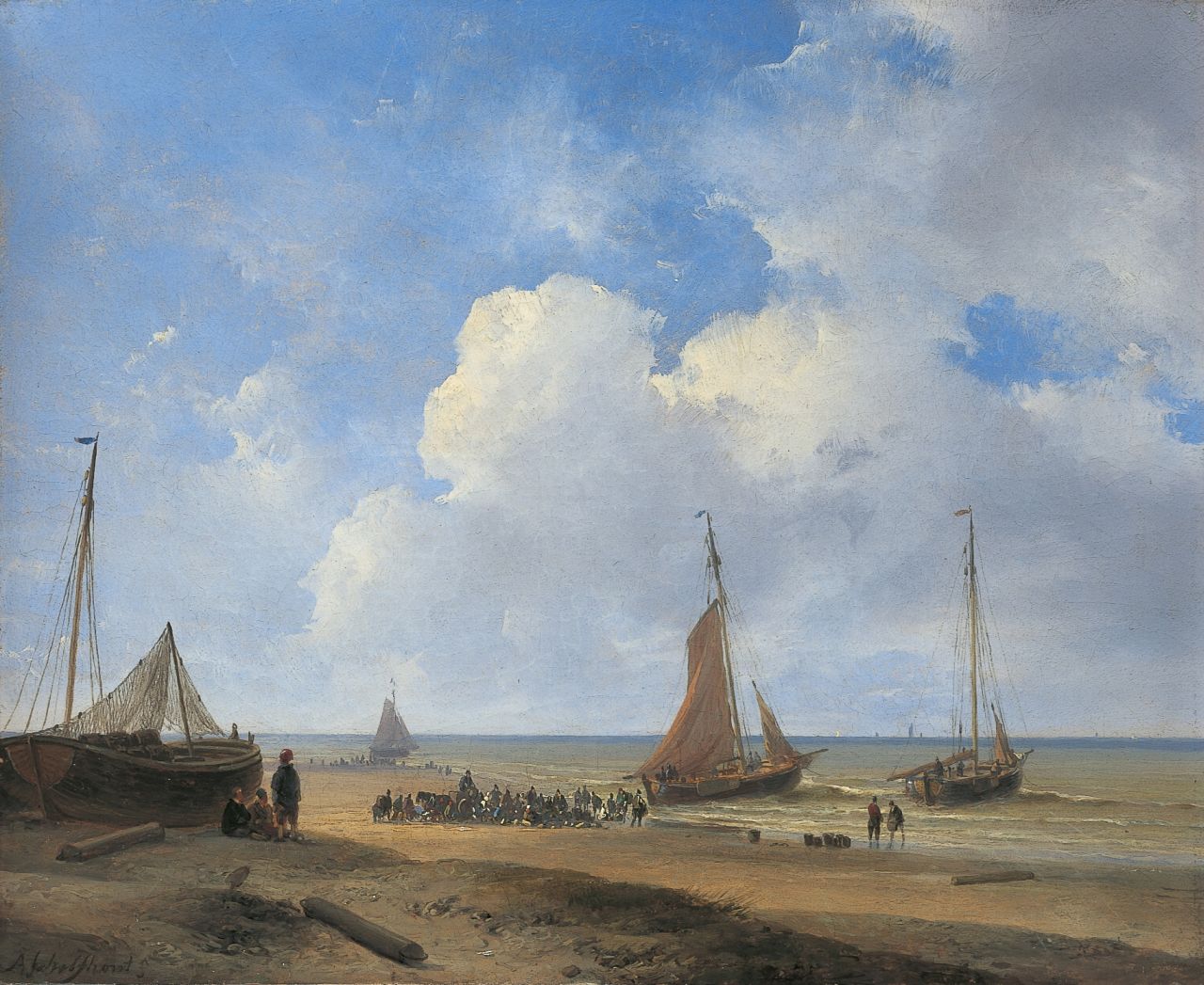Schelfhout A.  | Andreas Schelfhout, Fish auction near Scheveningen, oil on painter's cardboard 22.7 x 28.0 cm, signed l.l. and painted in 1835