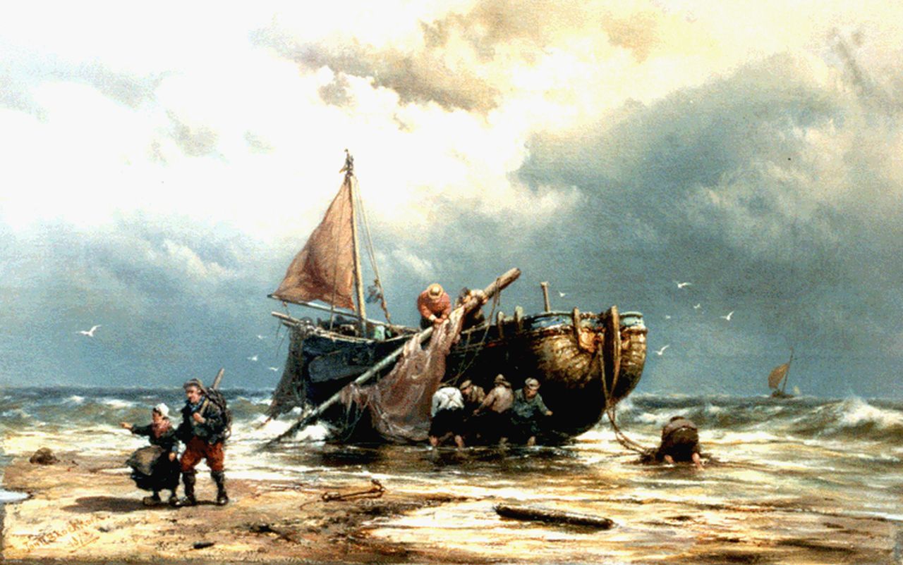 Koekkoek J.H.B.  | Johannes Hermanus Barend 'Jan H.B.' Koekkoek, A 'bomschuit' on the beach, oil on canvas 33.1 x 51.6 cm, signed l.l. and dated 1875