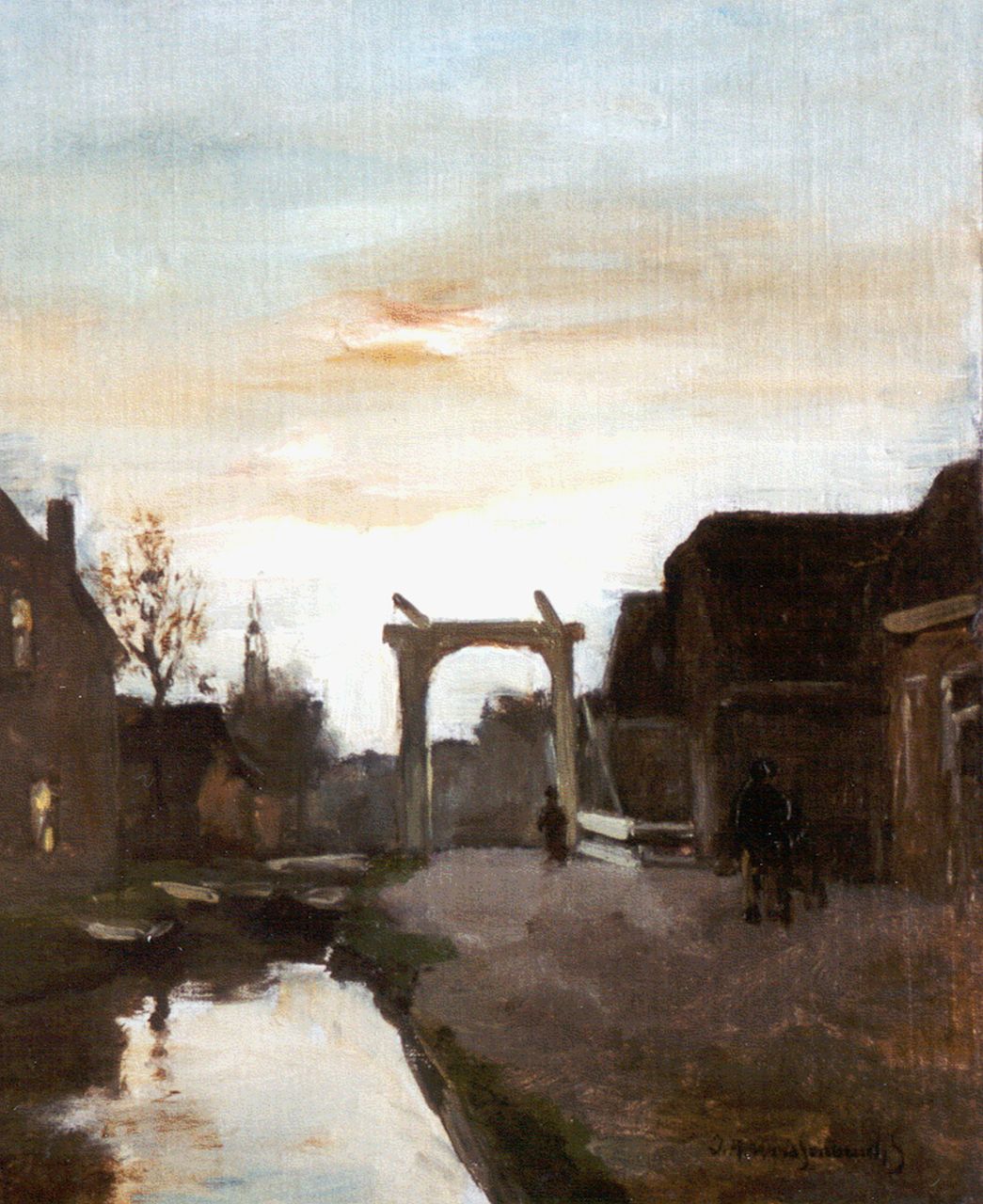 Weissenbruch H.J.  | Hendrik Johannes 'J.H.' Weissenbruch, A drawbridge, Nieuwkoop, oil on canvas laid down on panel 32.8 x 26.8 cm, signed l.r.