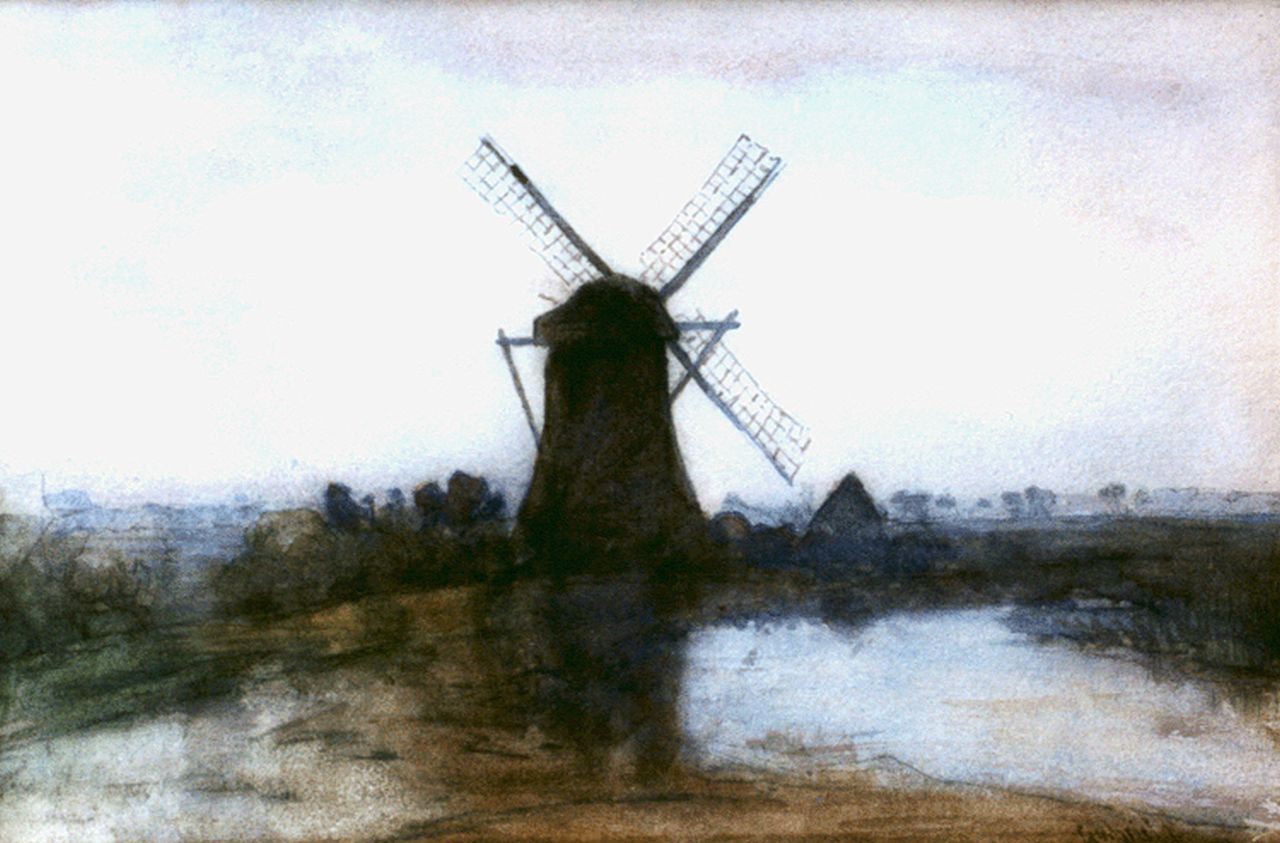 Gabriel P.J.C.  | Paul Joseph Constantin 'Constan(t)' Gabriel, A windmill in a landscape, watercolour on paper 23.3 x 35.0 cm, signed l.r.