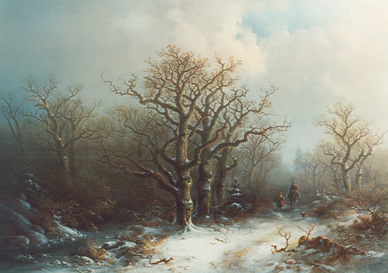 Kluyver P.L.F.  | 'Pieter' Lodewijk Francisco Kluyver, Travelers in a winter landscape, oil on panel 61.2 x 84.4 cm, signed l.r.