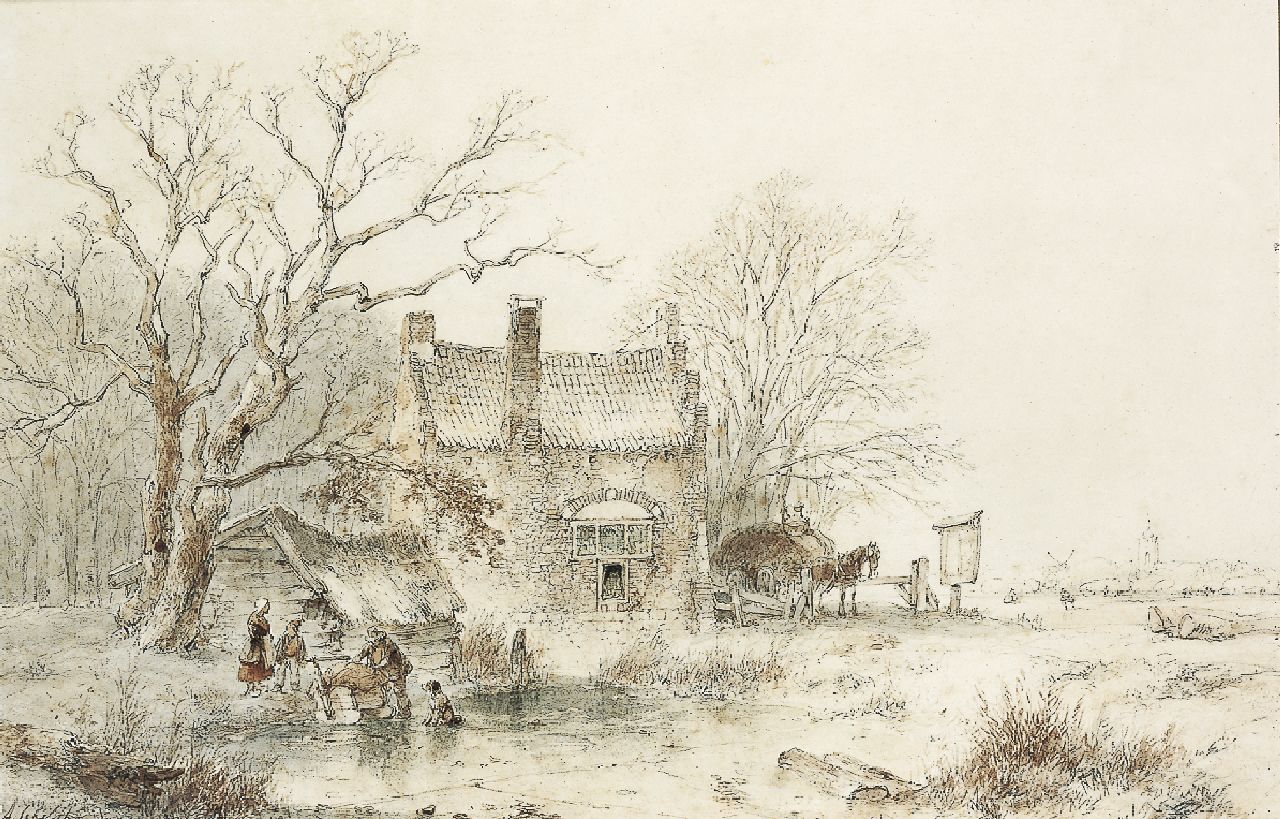 Schelfhout A.  | Andreas Schelfhout, A winter landscape with figures on a frozen waterway, pencil and ink on paper 27.1 x 41.5 cm, signed l.l. and dated '50