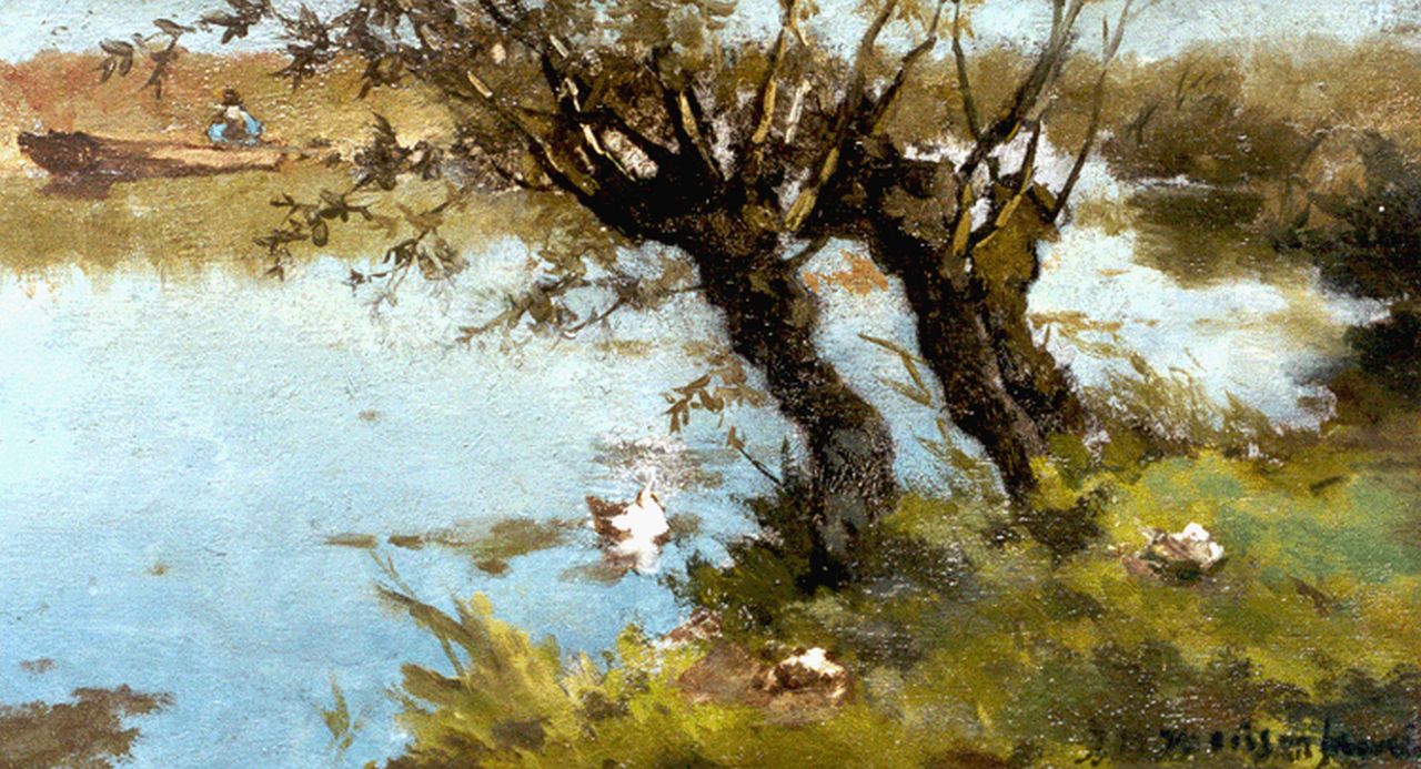 Weissenbruch H.J.  | Hendrik Johannes 'J.H.' Weissenbruch, Ducks on the riverbank, oil on panel 16.6 x 29.0 cm, signed l.r.