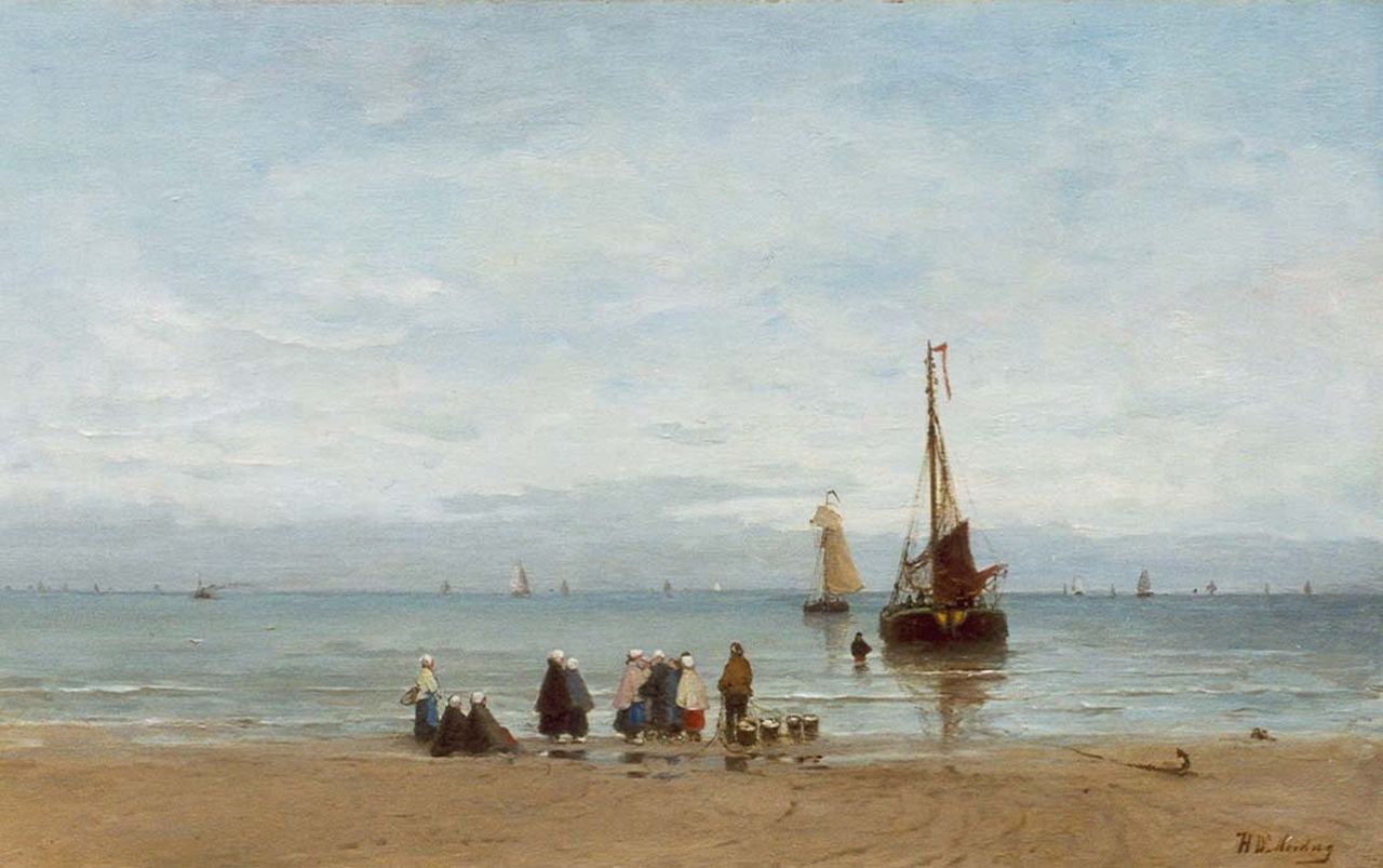 Mesdag H.W.  | Hendrik Willem Mesdag, Beach view of fishermen's wives awaiting the catch, oil on canvas 48.1 x 78.1 cm, signed l.r.