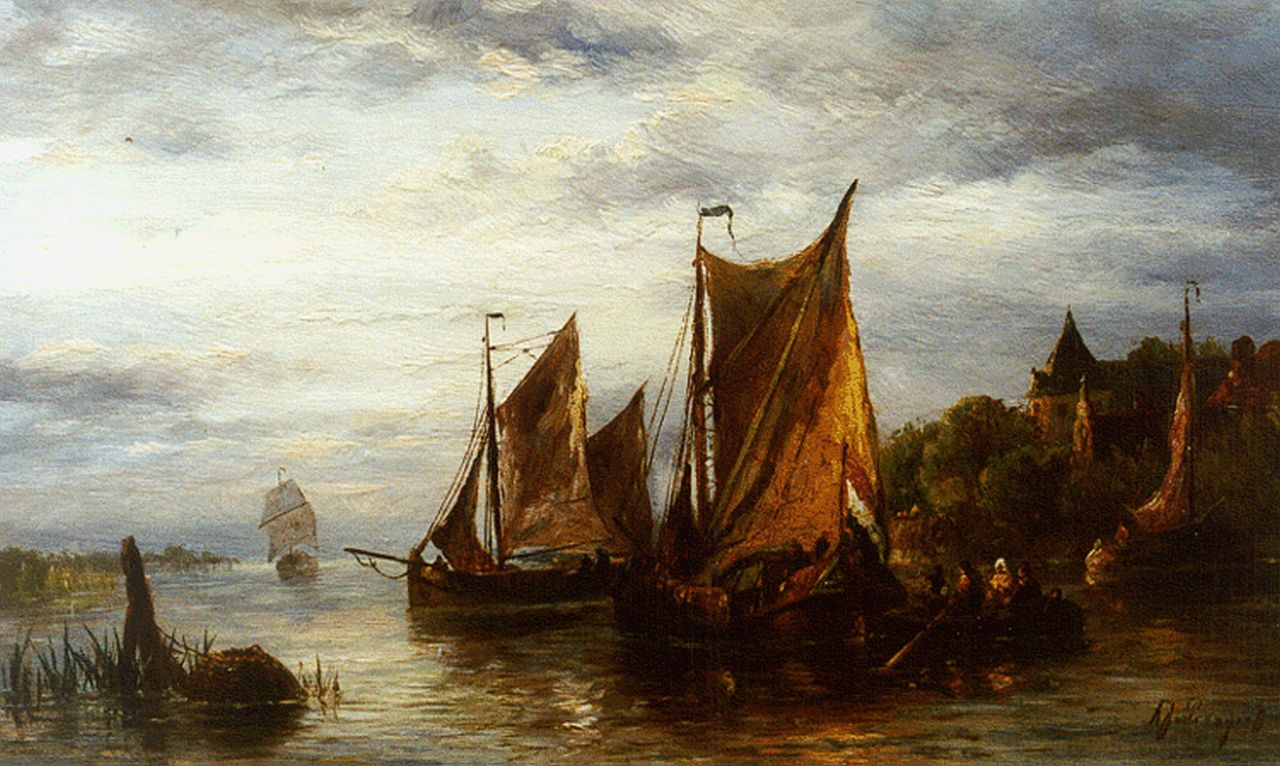 Prooijen A.J. van | Albert Jurardus van Prooijen, Shipping in a calm, oil on panel 21.2 x 35.1 cm, signed l.r.