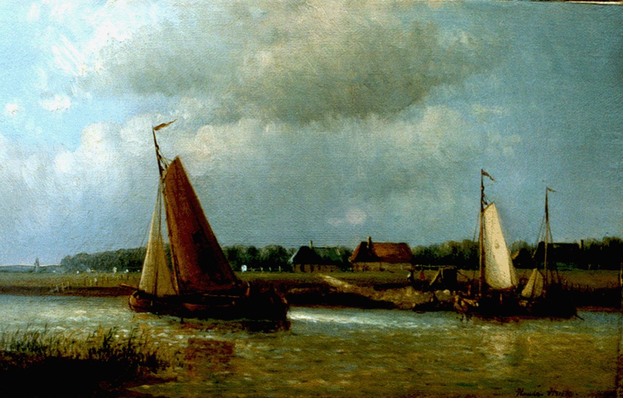 Hulk H.  | Hendrik Hulk, A river landscape with flatboats, oil on canvas laid down on panel 14.2 x 22.9 cm, signed l.r.